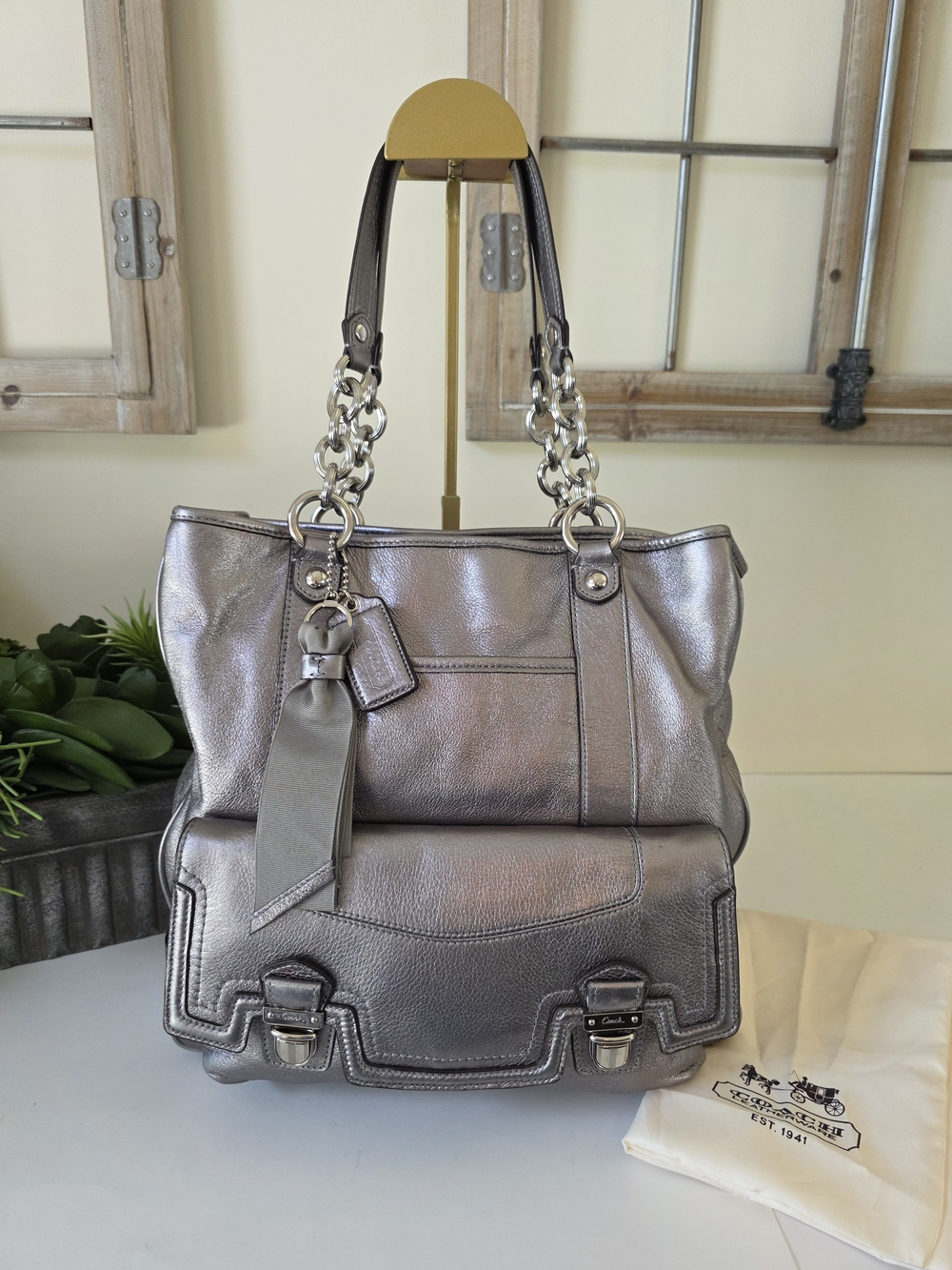 Coach Poppy Pushlock Metallic Leather Tote Y2K Silver Gray - Picture 2 of 16